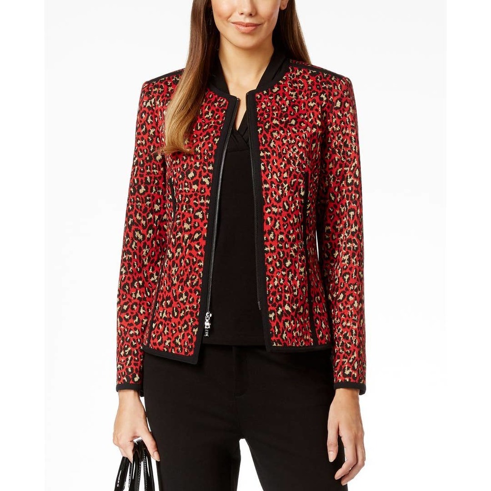 Anne Klein Leopard Print Full Zip Blazer Jacket Red Black Size 12